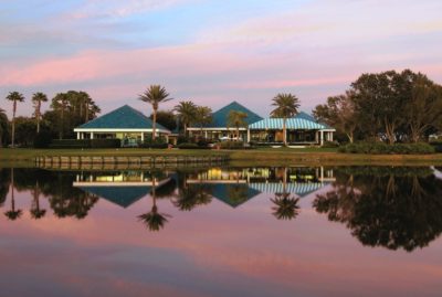 University Park Country Club Pro Shop and Club house at dusk in Sarasota, Florida.