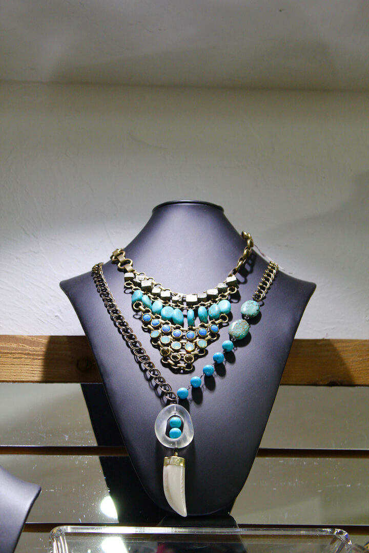 Beautiful statement necklace with turquoise beads. Foxy Lady womens boutique Siesta Key and Sarasota, Florida. Must Do Visitor Guides, MustDo.com. Photo by Nita Ettinger