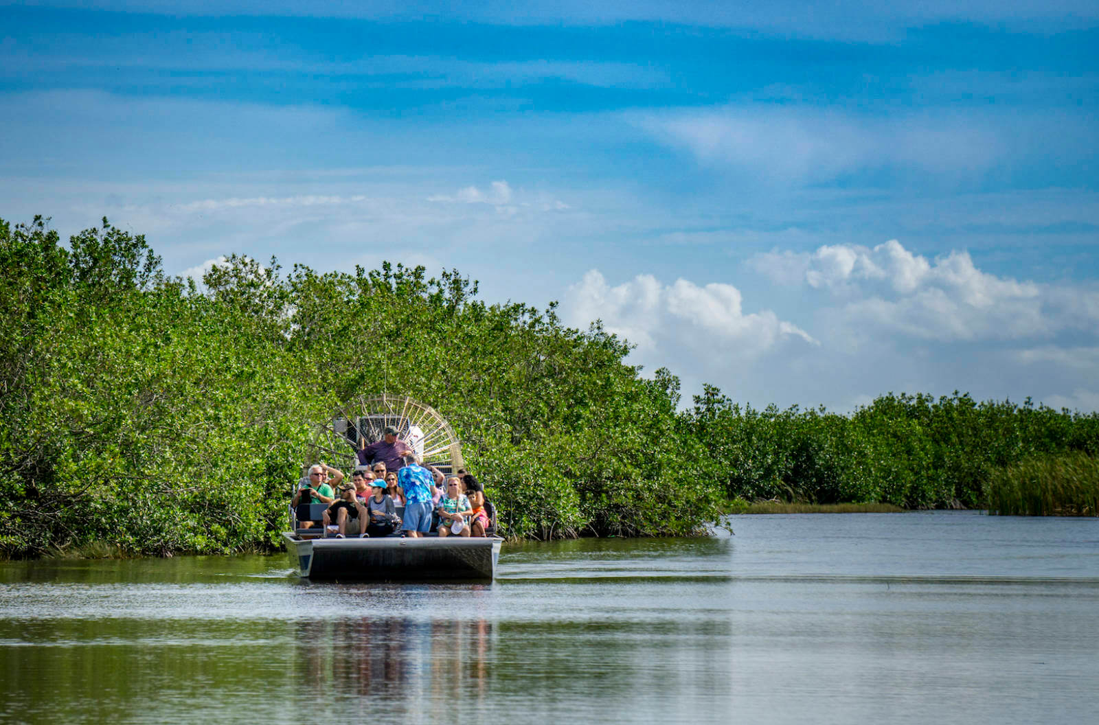 Few activities can beat an Everglades airboat tour. These flat-bottomed boats powered by a giant propeller zip through the sawgrass at speeds of up to 25mph. Although noisy (protective ear headsets are provided to riders), they skim over the surface of the Everglades, minimizing disruption to the native wildlife. Photo by Jennifer Brinkman. Must Do Visitor Guides, MustDo.com.