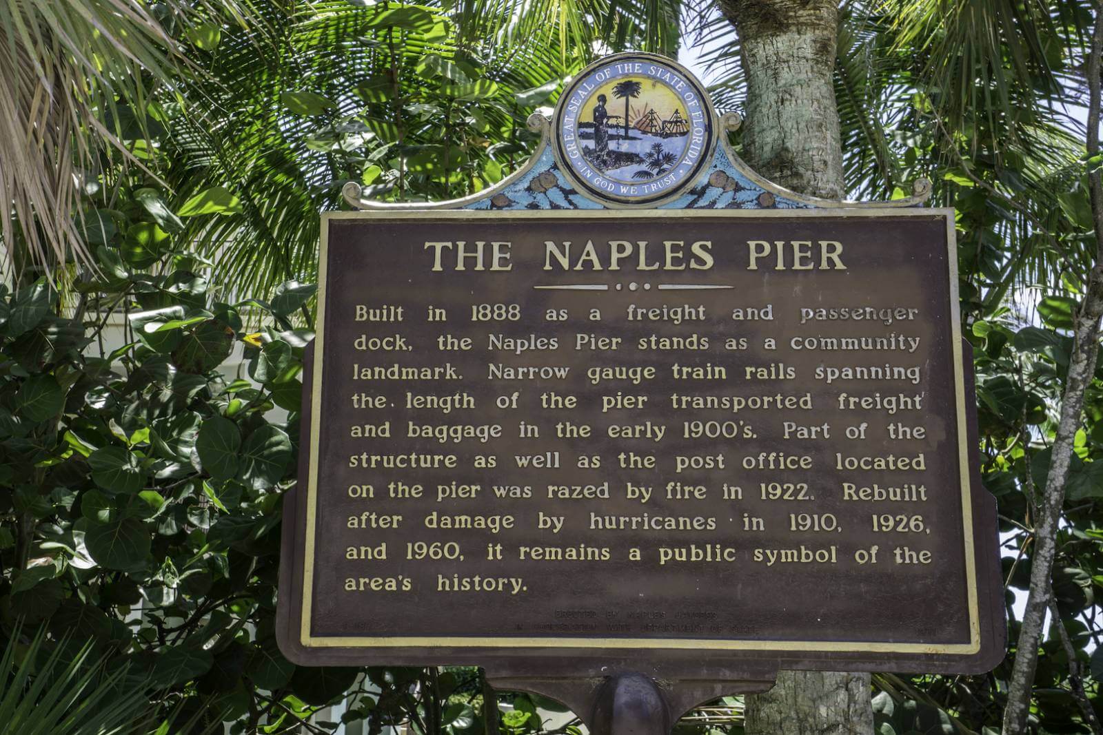 Historic Naples Pier marker a top Naples, Florida attraction. Photo by Jennifer Brinkman. 