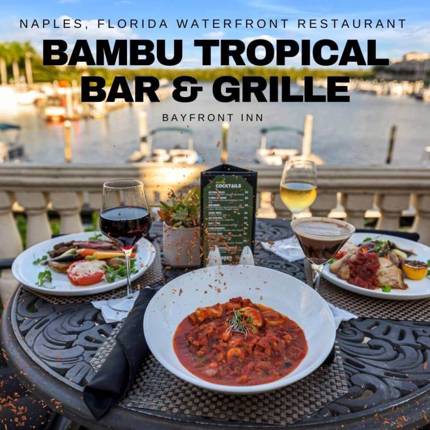 Waterfront dining outdoor patio Bambu Tropical Bar & Grille at Bayfront Inn Naples, Florida