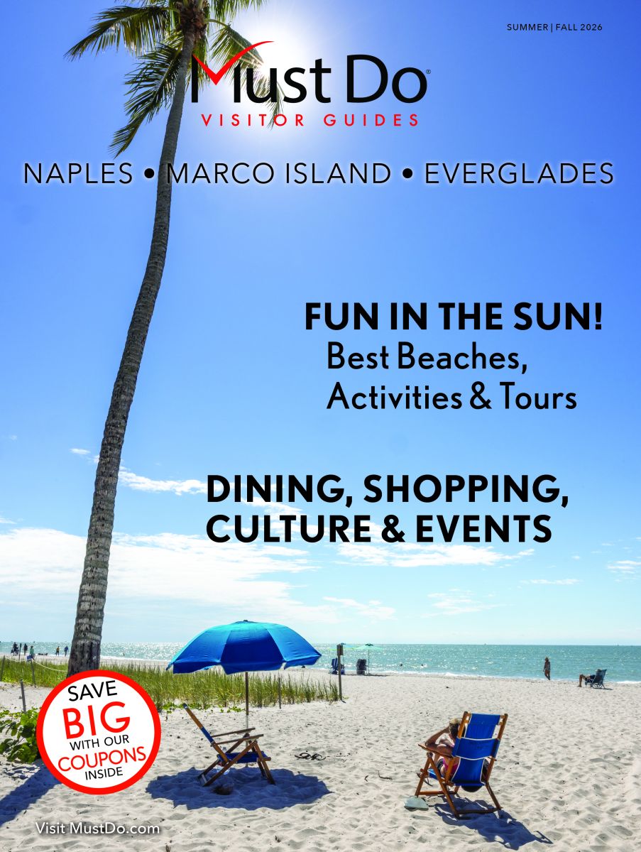 Must Do Visitor Guides beach advertisement with a leaning palm, sunlit sky, blue umbrella, and beach chairs; promotes Naples, Marco Island, and Everglades with the 'Fun in the Sun' message.