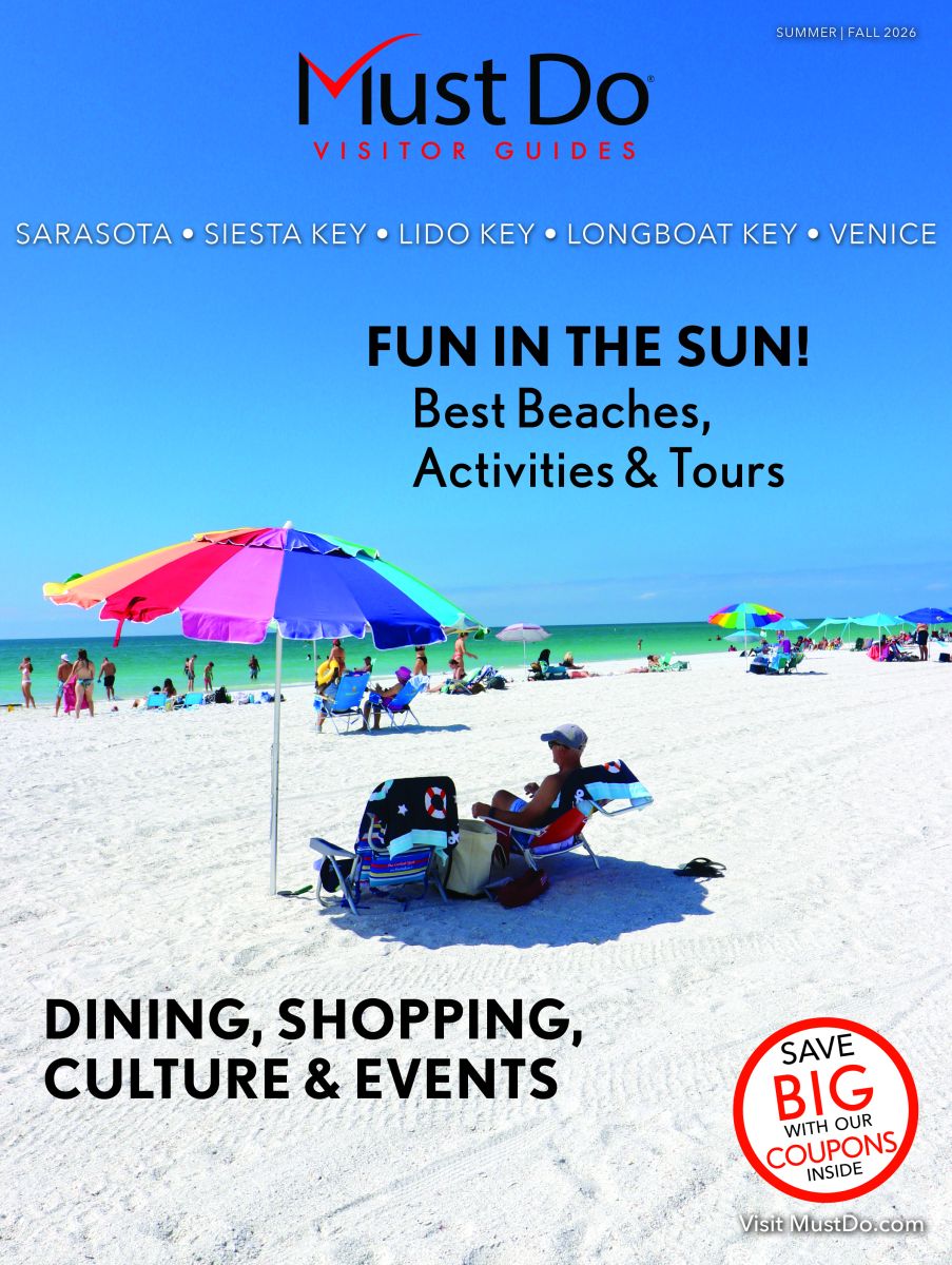 Bright beach scene with colorful umbrellas and sunbathers; headline reads "Fun in the Sun! Best Beaches, Activities & Tours" for Must Do Visitor Guides promo.